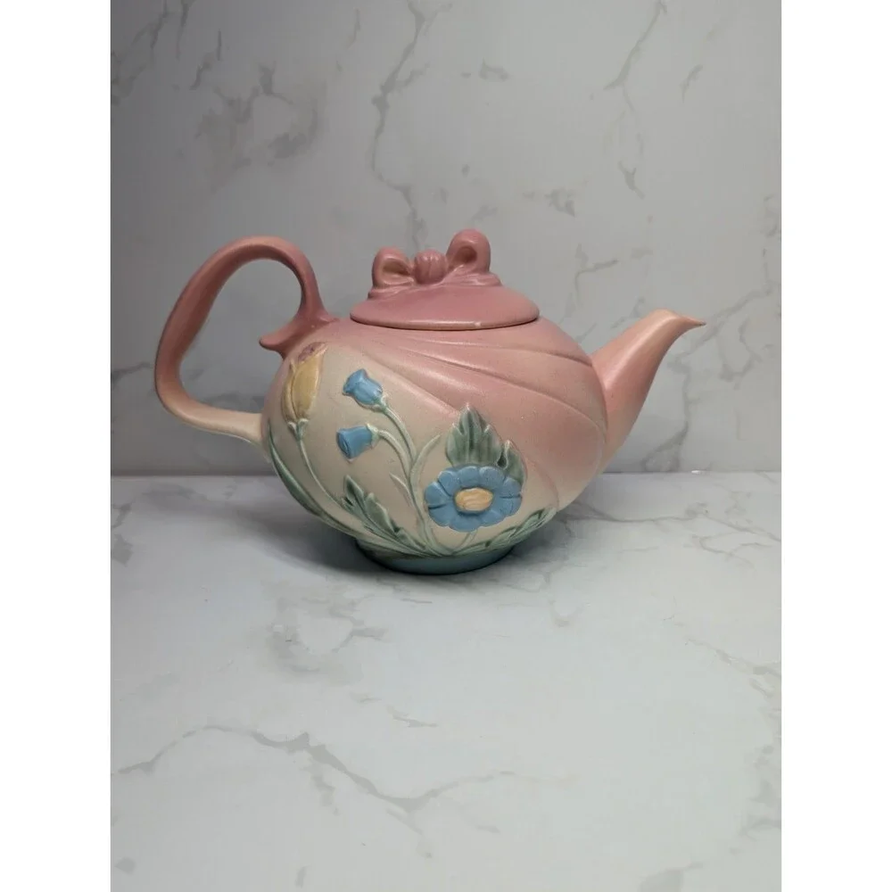 Hull Pottery Art U.S.A. E-20 Pink Bow Knot Teapot with Lid Matte Finish E-20